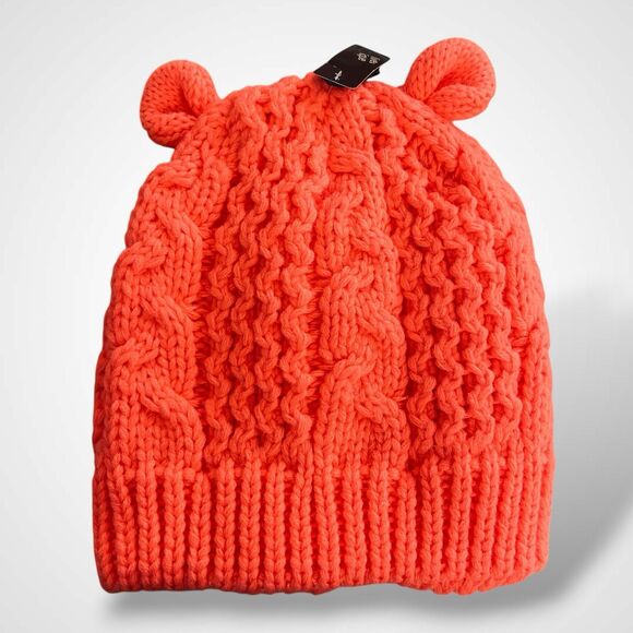 Olive Pique Bear Ear Beanie Hat Neon Orange Acrylic Cable Knit Cozycore Outdoor - Picture 2 of 9